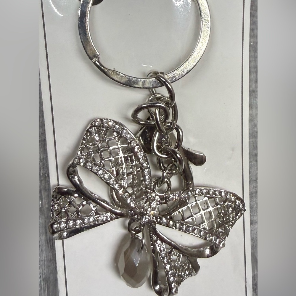 NWT Silver Bow Bag Charm / Keychain with Rhinestone Accents